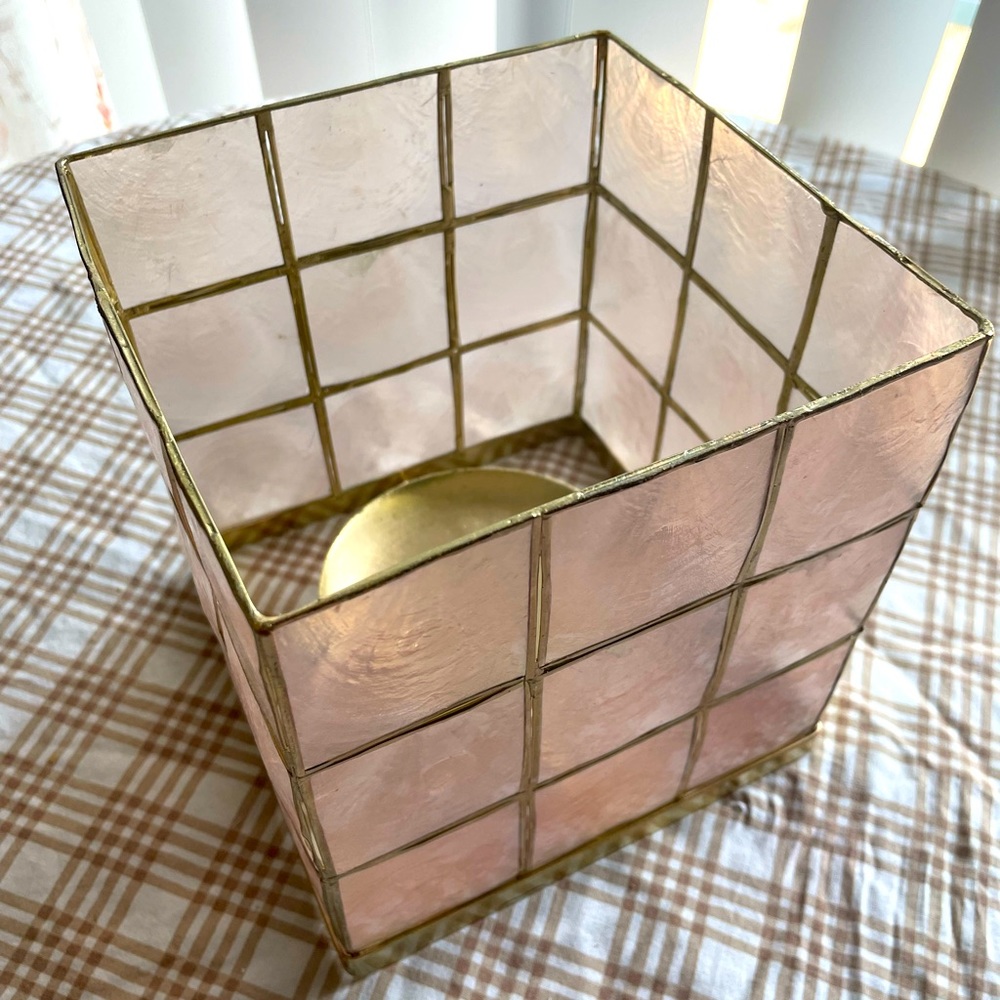 Pink/Gold Translucent Capiz Shell Cube Lantern Candle Holder